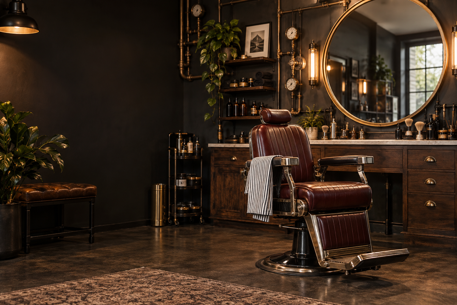 Concept image of a warm, private one-chair barbershop interior